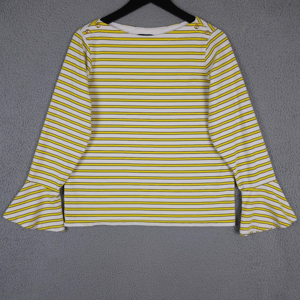 Lauren Ralph Lauren Shirt Womens L Yellow White Striped Button Shoulder Nautical
